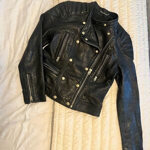 Juicy Couture Black Leather Biker Jacket with Gold Hardware